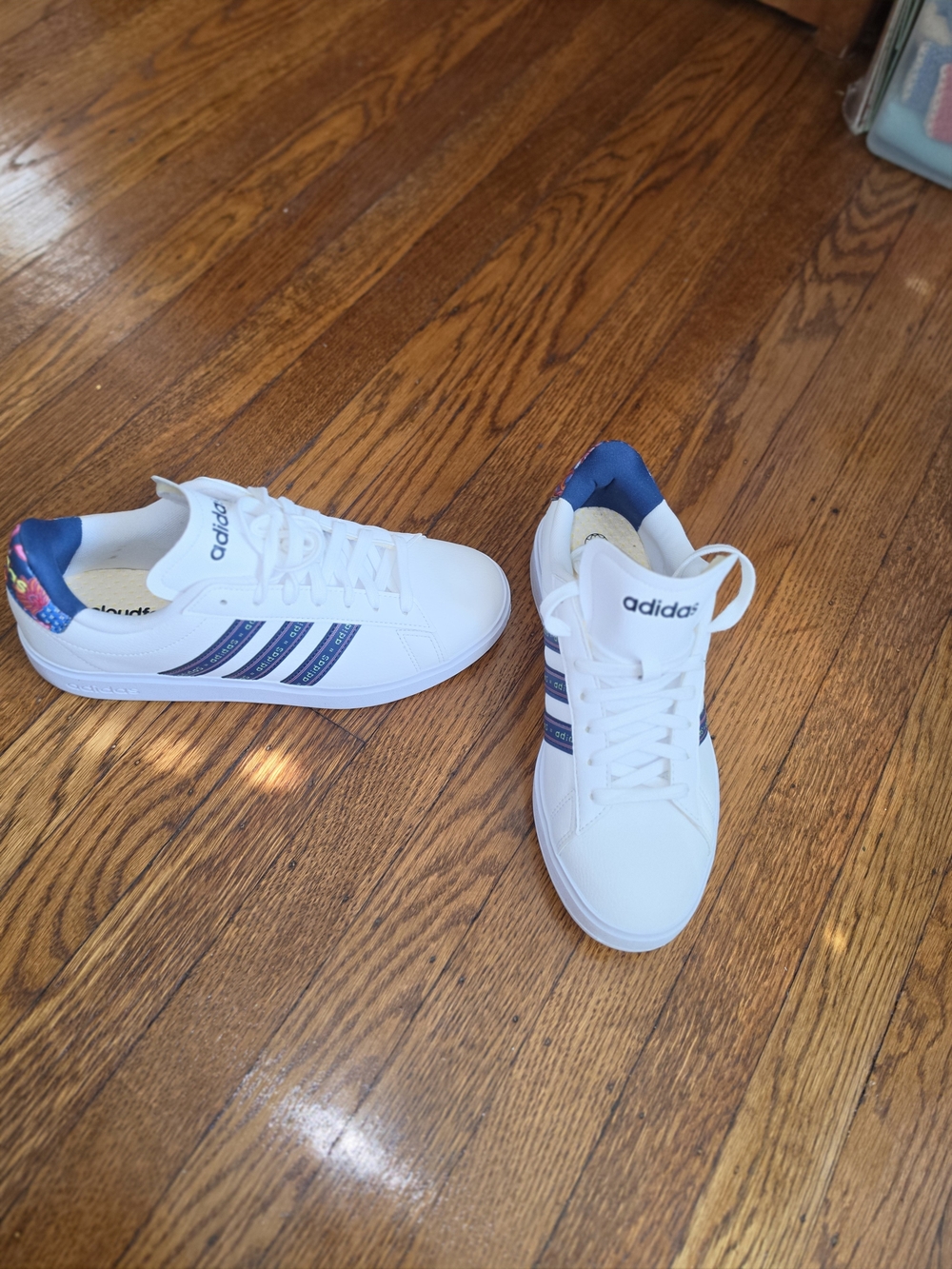 Abdidas  White Sneakers with Navy Stripes and Blue Heel Accent